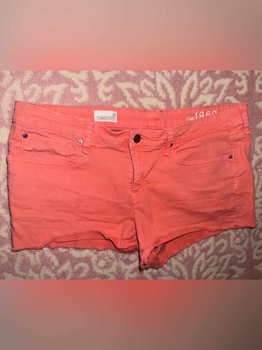 Gap 1969 Coral Red Cutoff Denim Shorts Size 31 Raw Hem